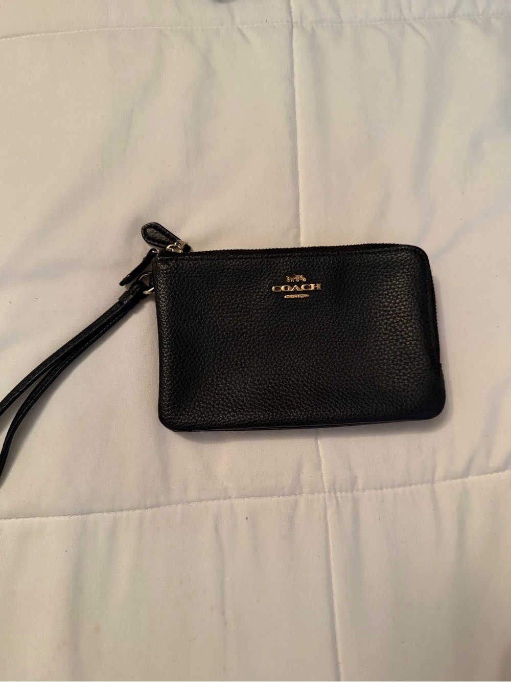 Coach Black Pebbled Leather Wristlet with Gold Logo